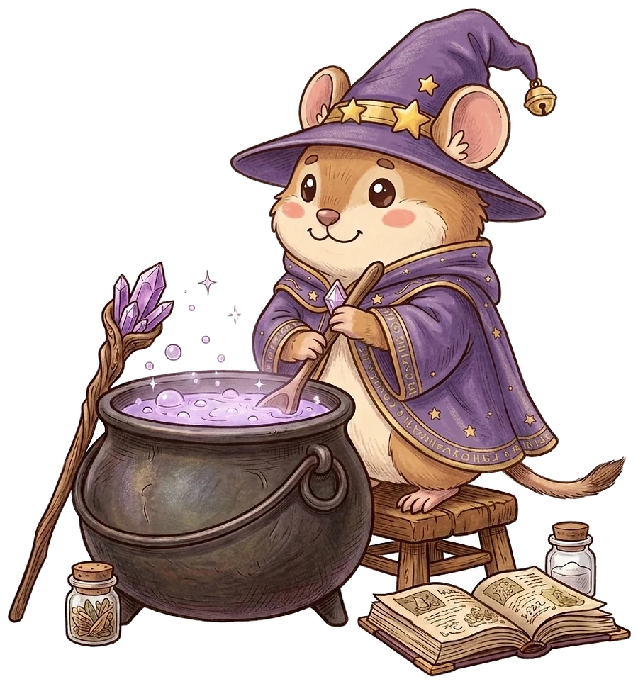 Pika in a wizard robe, standing on a stool and stirring a bubbling cauldron of glowing lavender potion