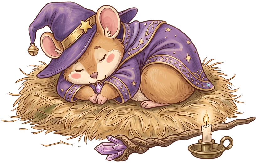Pika asleep on a small haypile, wizard hat slipped over one eye, a candle burning beside the bed