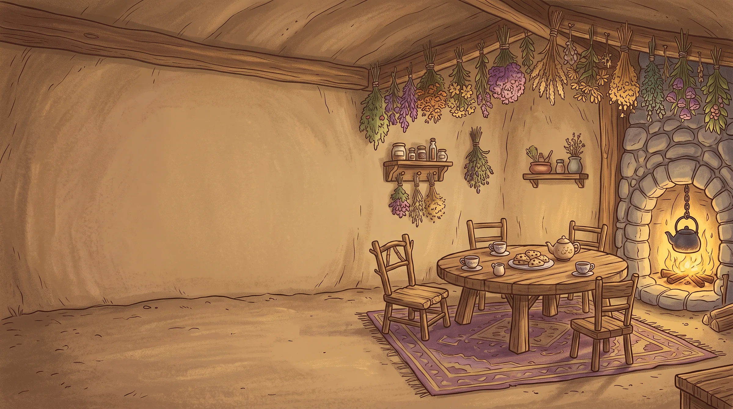 The burrow's gathering hall: a stone fireplace with a kettle over the fire, and a round table set with teacups and one chair pulled out for a guest