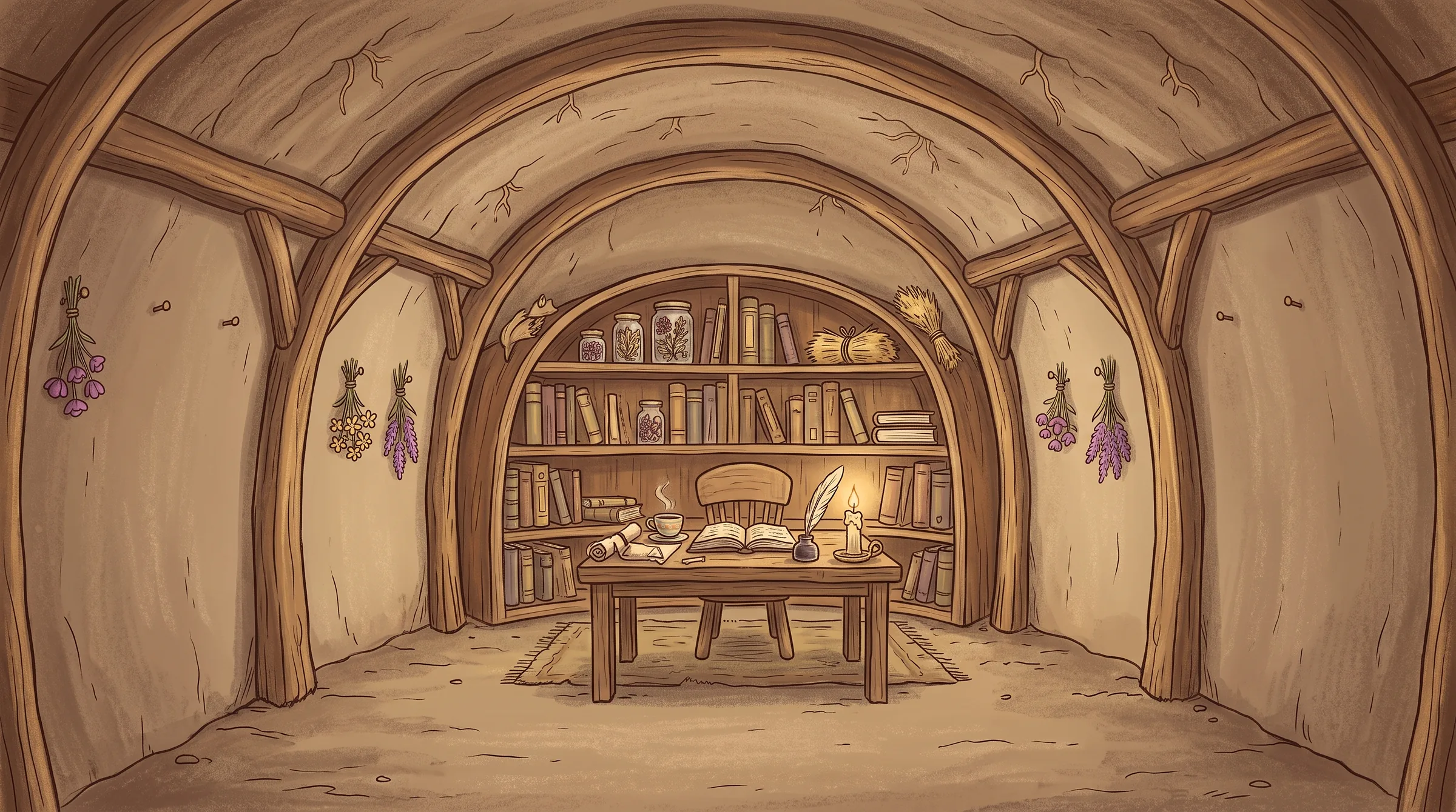 An underground study with a curved bookshelf, a writing desk with a candle, books and a cup of tea